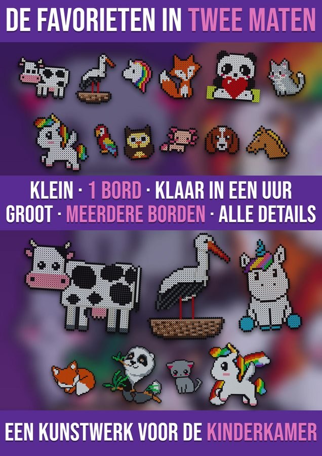 Hetzelfde dierenpatroon in twee maten: kleine versie op 1 bord en grote versie op meerdere borden
