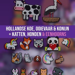 70+ dierenpatronen voor strijkkralen – de Hollandse koe, de ooievaar en het konijn plus katten, honden en eenhoorns