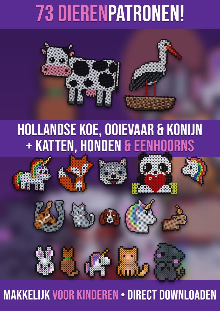 70+ dierenpatronen voor strijkkralen – de Hollandse koe, de ooievaar en het konijn plus katten, honden en eenhoorns
