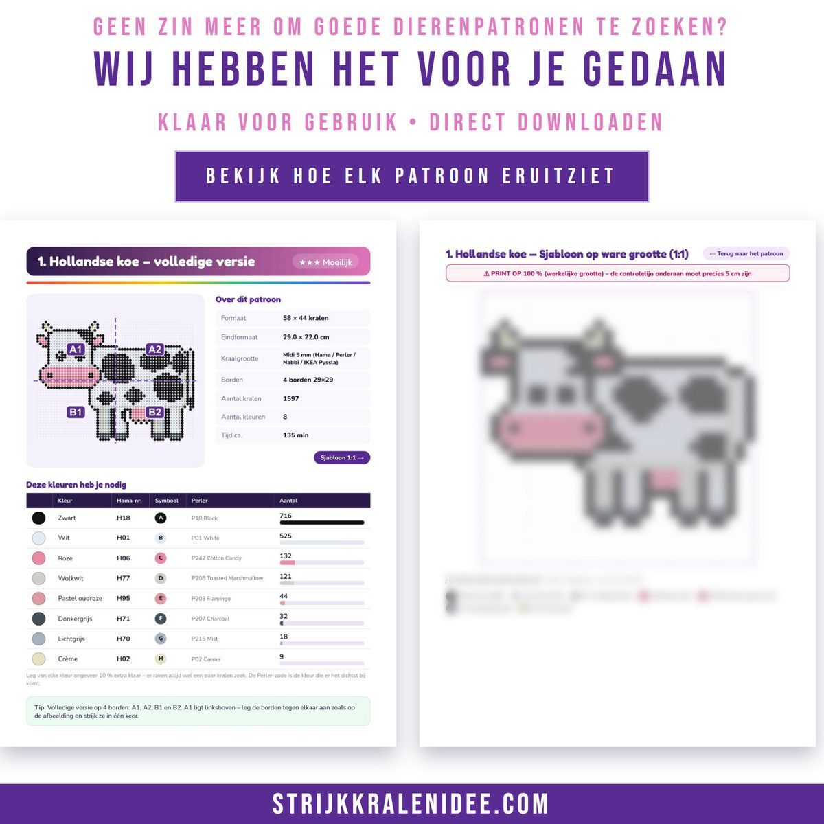 70+ dierenpatronen voor strijkkralen – de Hollandse koe, de ooievaar en het konijn plus katten, honden en eenhoorns