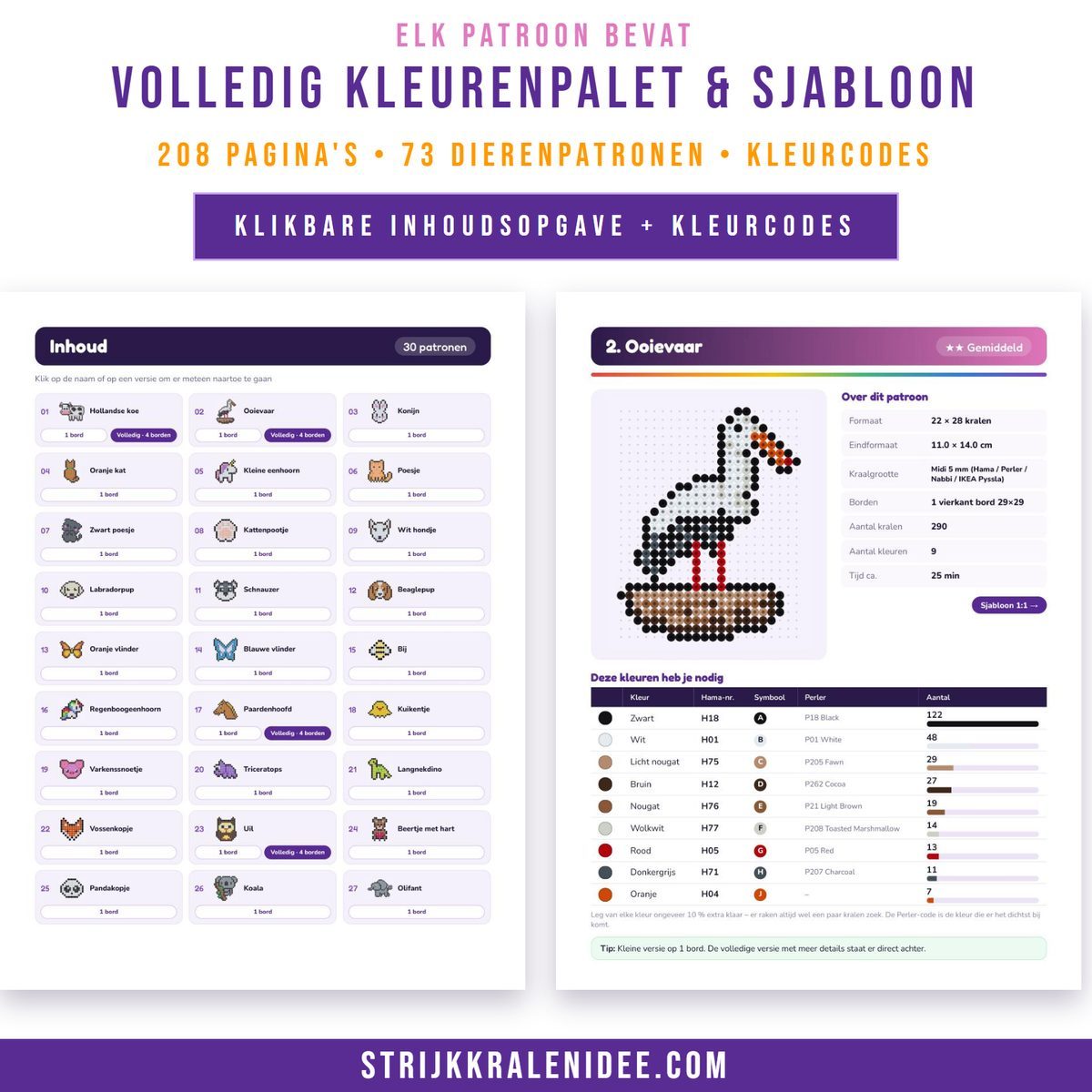 70+ dierenpatronen voor strijkkralen – de Hollandse koe, de ooievaar en het konijn plus katten, honden en eenhoorns