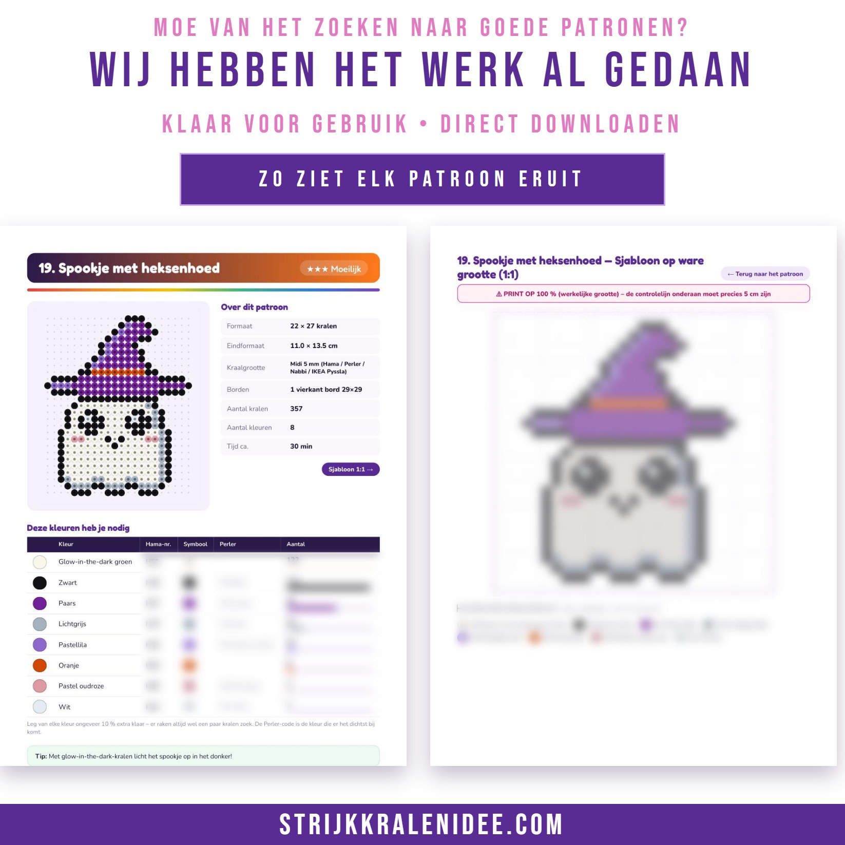Zo ziet elk patroon eruit in de PDF: infopagina met formaat, aantal kralen en moeilijkheidsgraad