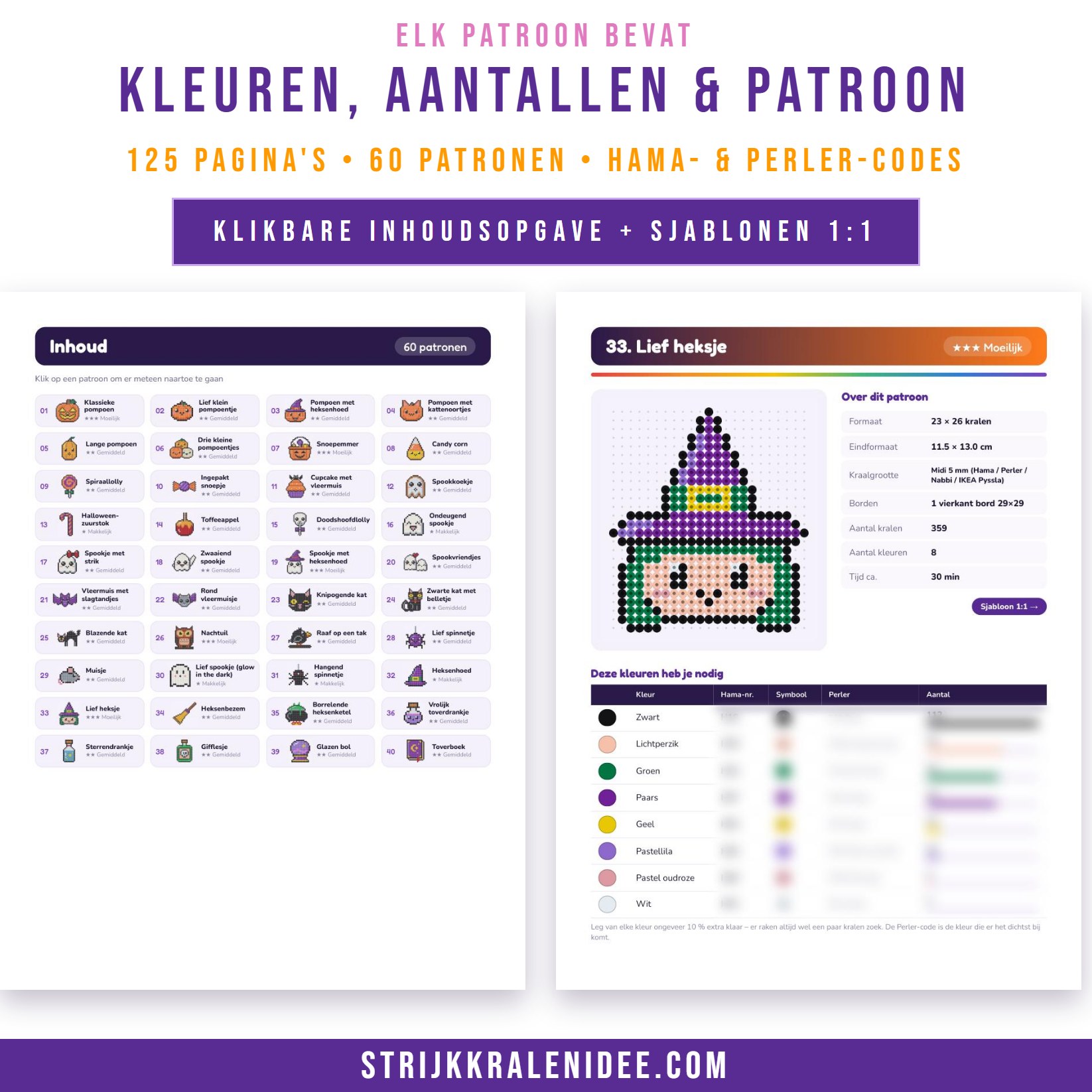 Complete kleurenlijst met Hama- en Perler-codes en sjabloon op ware grootte (1:1)