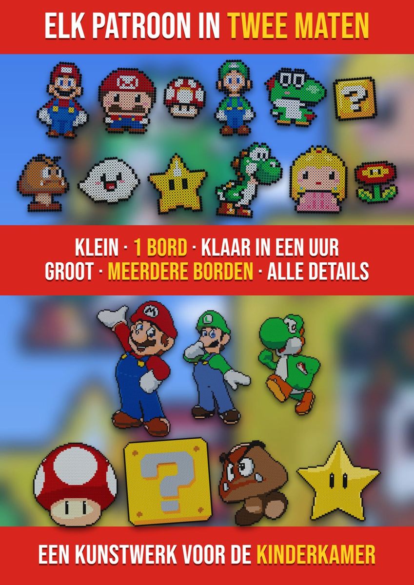 Hetzelfde Super Mario-patroon in twee formaten: klein op 1 grondplaat en groot op meerdere grondplaten