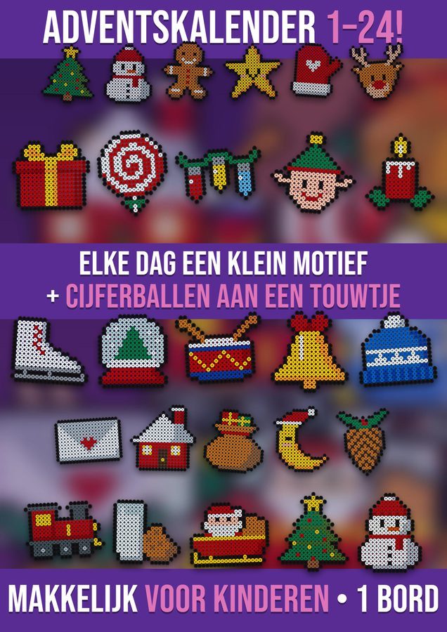 Adventskalender van strijkkralen: 24 kleine kerstmotieven en cijferballen 1–24 aan een touwtje
